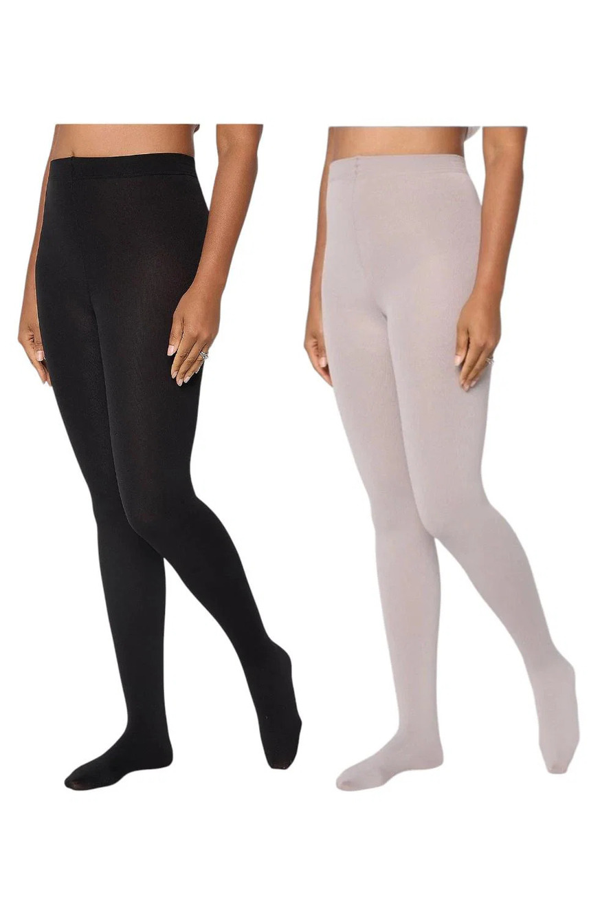 MUK LUKS Women's 2-pack High Waisted Fleece-Lined Tights Blk/Stone